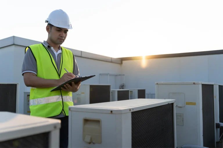 engineer work on the roof of factory contractor inspect compressor system and plans installation of air condition systems in construction checklist inspector control photo 1